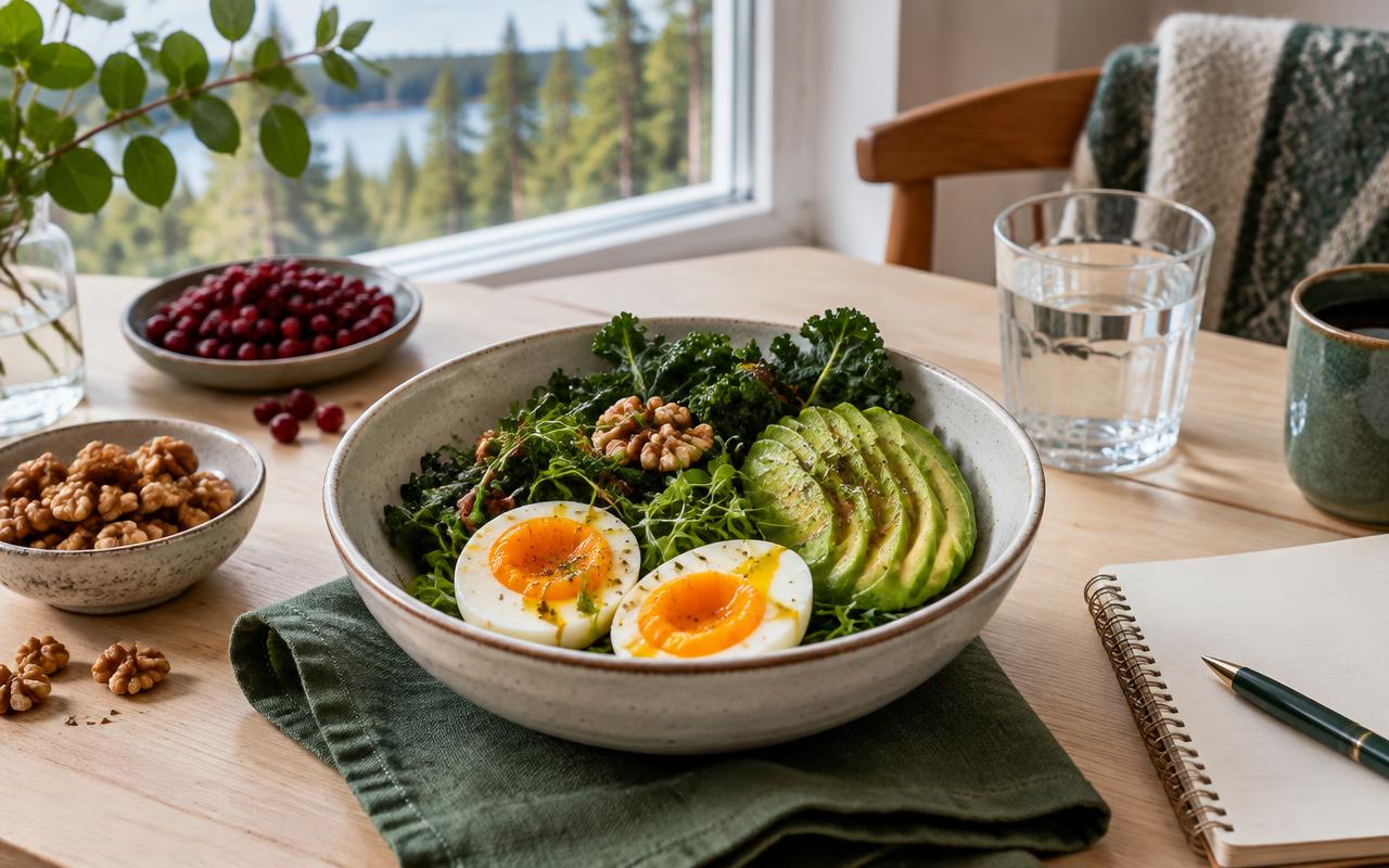 Low-carbohydrate meal with eggs, avocado, greens and walnuts