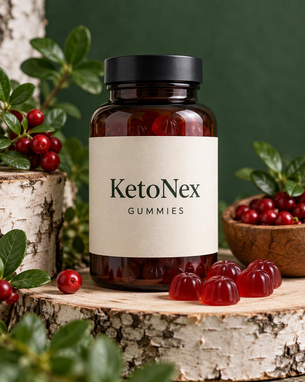 Editorial illustration of a KetoNex Gummies bottle with lingonberries