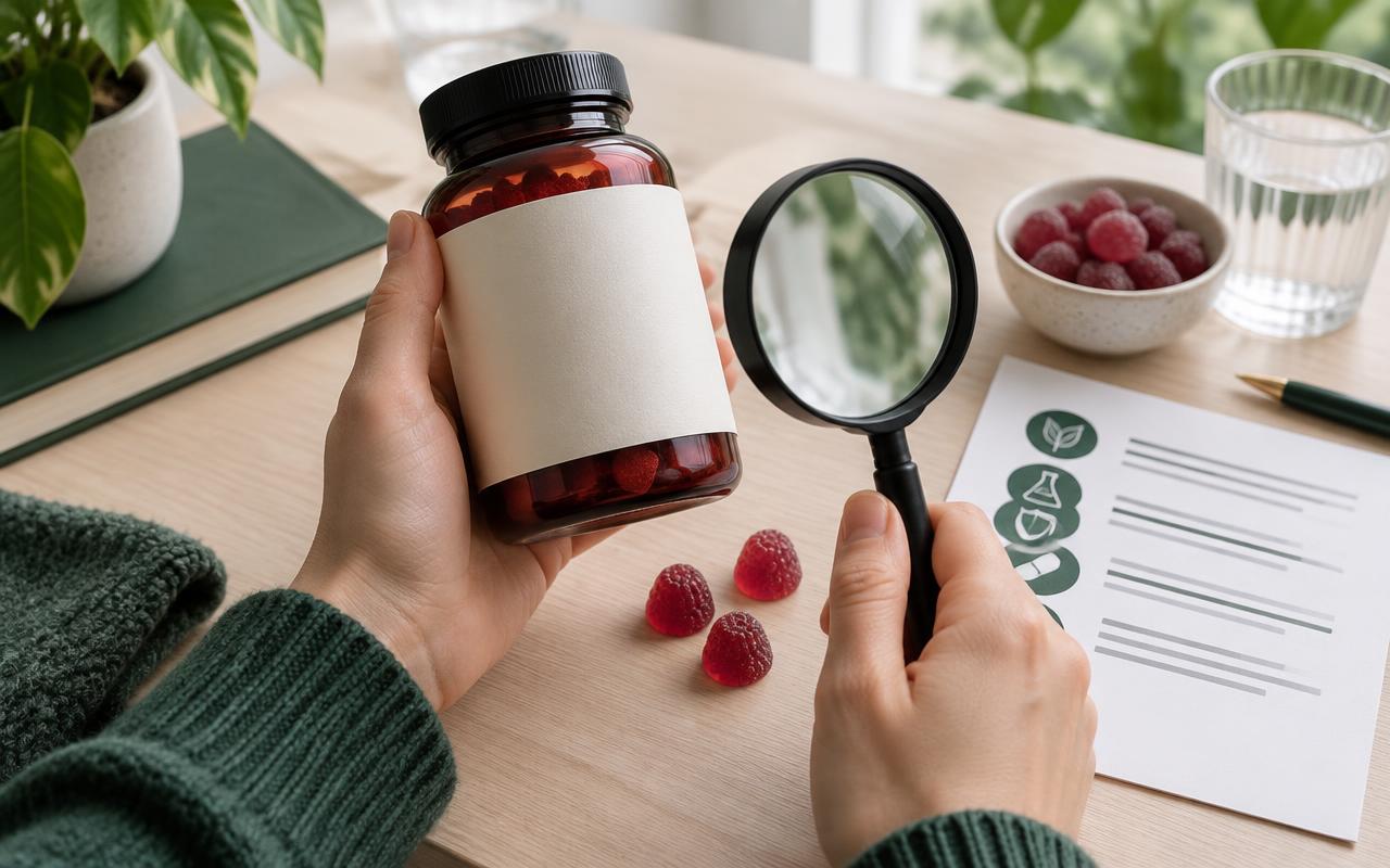Shopper checking a gummy supplement bottle and ingredient list with a magnifying glass